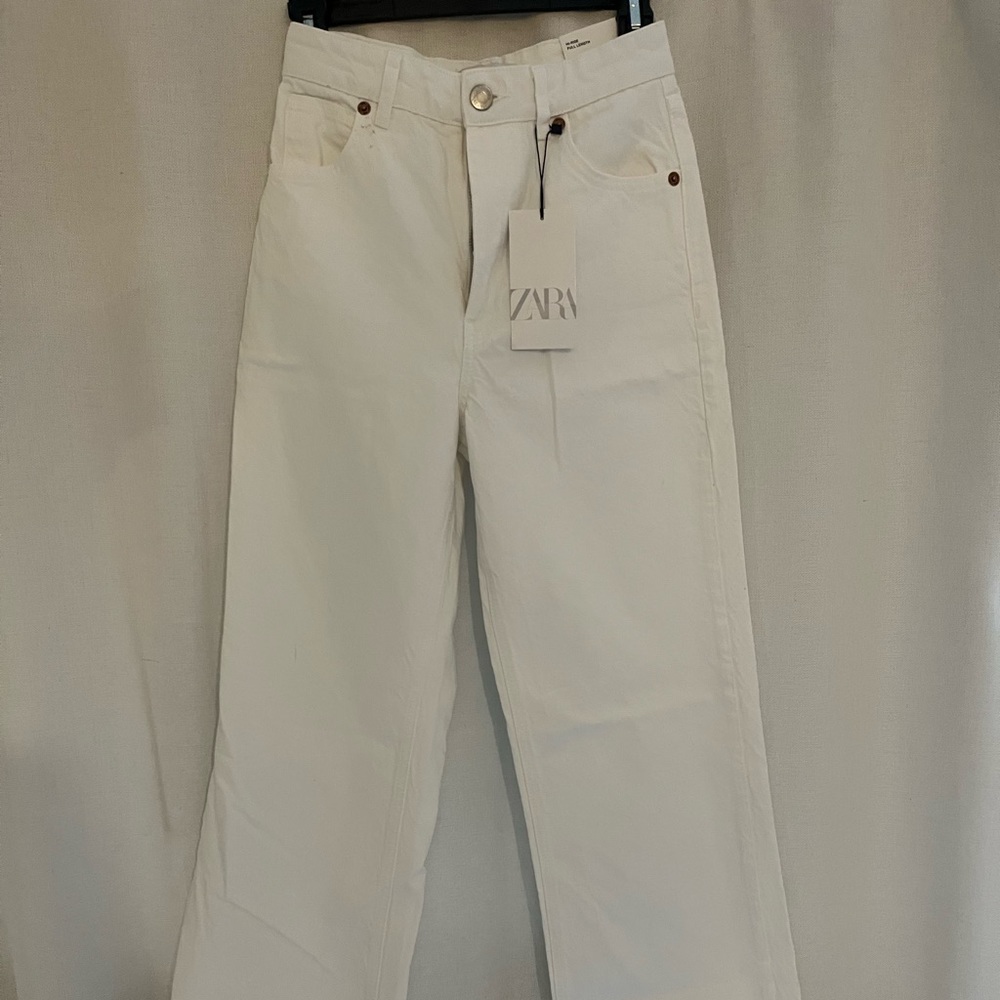 ZARA High rise full length wide leg white denim jeans